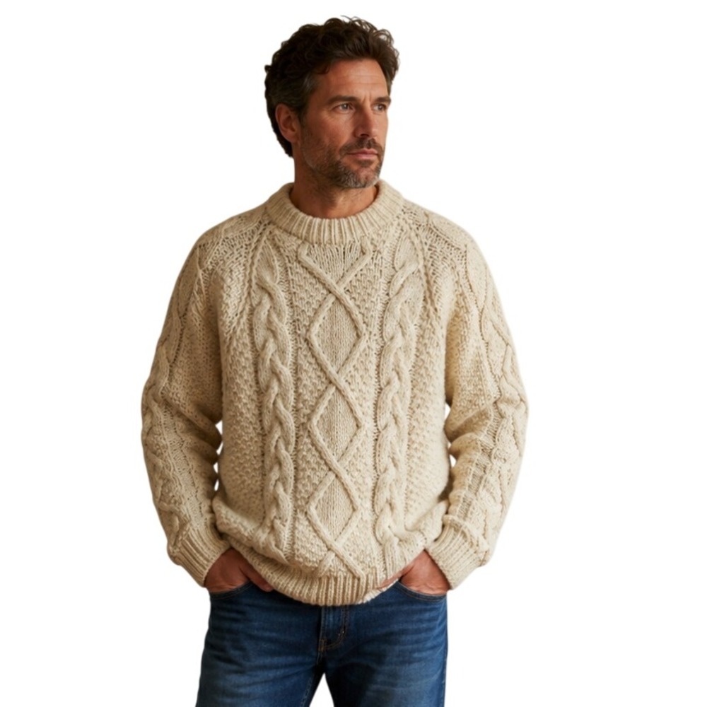 Rey Wear Handmade Wool Cable Knit Sweater Mens L Cream Heavy Fisherman 7201